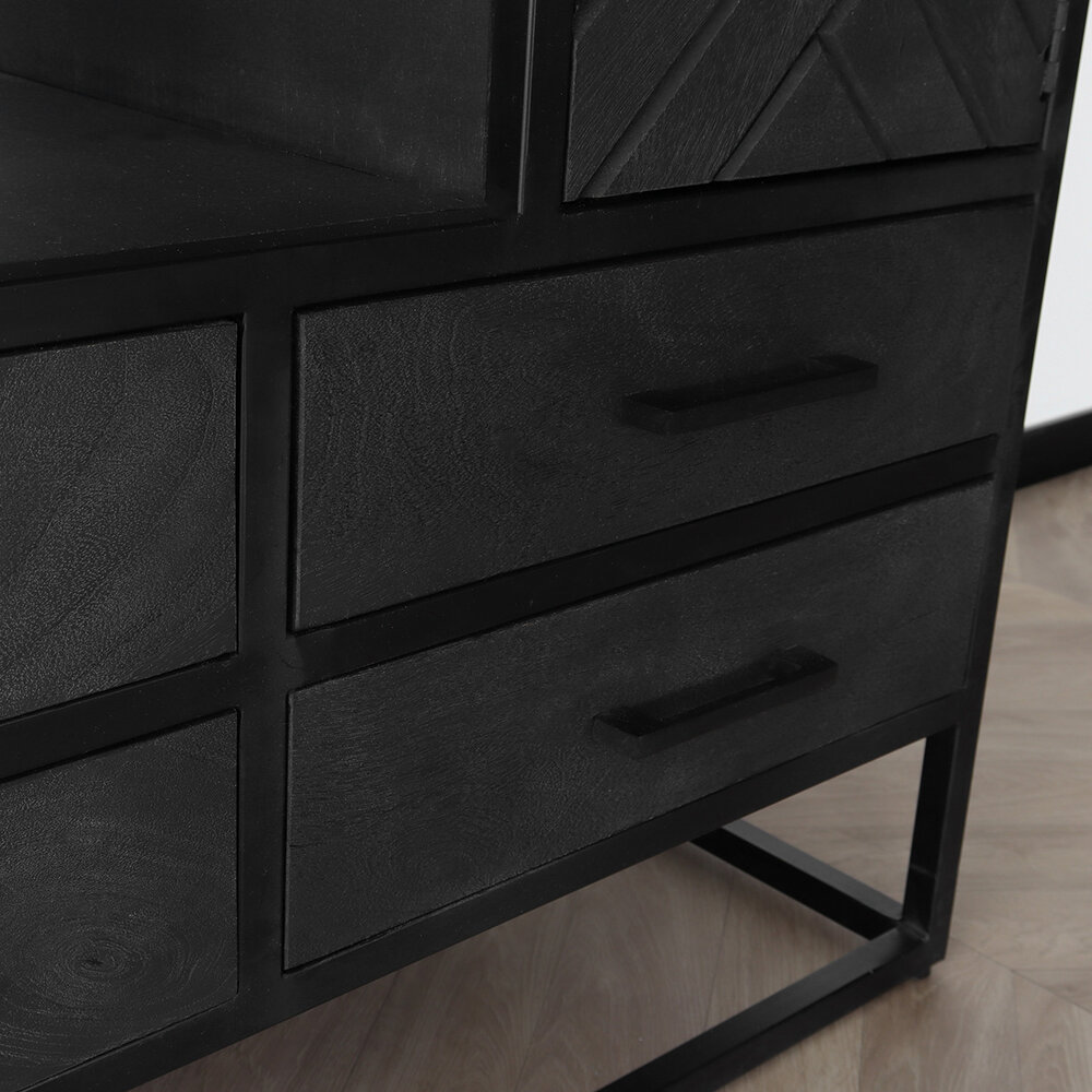 Kast zwart industrieel Blako duurzaam mangohout visgraat 200cm hoog vakkenkast wandkast mango Kast zwart industrieel Blako duurzaam mangohout visgraat 200cm hoog vakkenkast wandkast mango