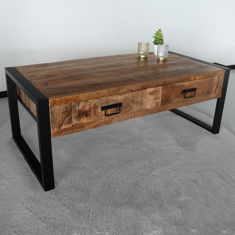 Lizzely Garden & Living Salontafel mangohout Kai met lades 120cm industrieel duurzaam massief hout mango Lizzely Garden & Living Salontafel mangohout Kai met lades 120cm industrieel duurzaam massief hout mango