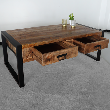 Lizzely Garden & Living Salontafel mangohout Kai met lades 120cm industrieel duurzaam massief hout mango Lizzely Garden & Living Salontafel mangohout Kai met lades 120cm industrieel duurzaam massief hout mango