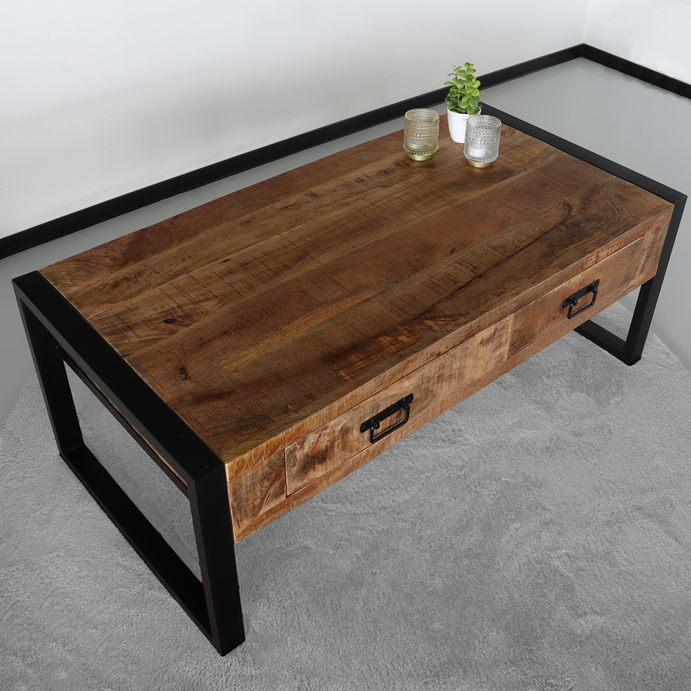 Salontafel mangohout Kai met lades 120cm industrieel duurzaam massief hout mango Salontafel mangohout Kai met lades 120cm industrieel duurzaam massief hout mango