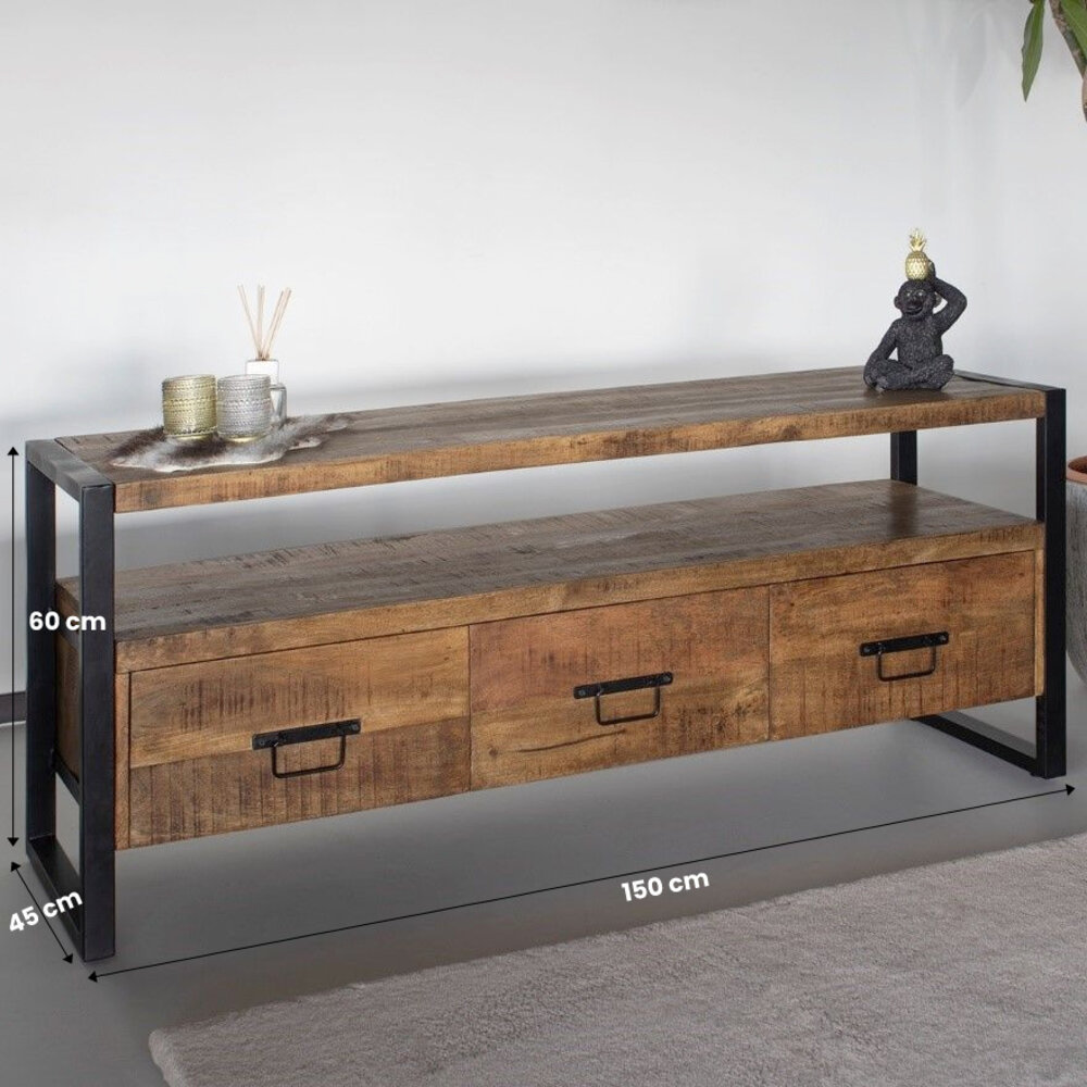 Bestrating Dinkarville lineair TV meubel mangohout Ilse industrieel 150cm massief hout -  Laagsteprijsgarantie.com