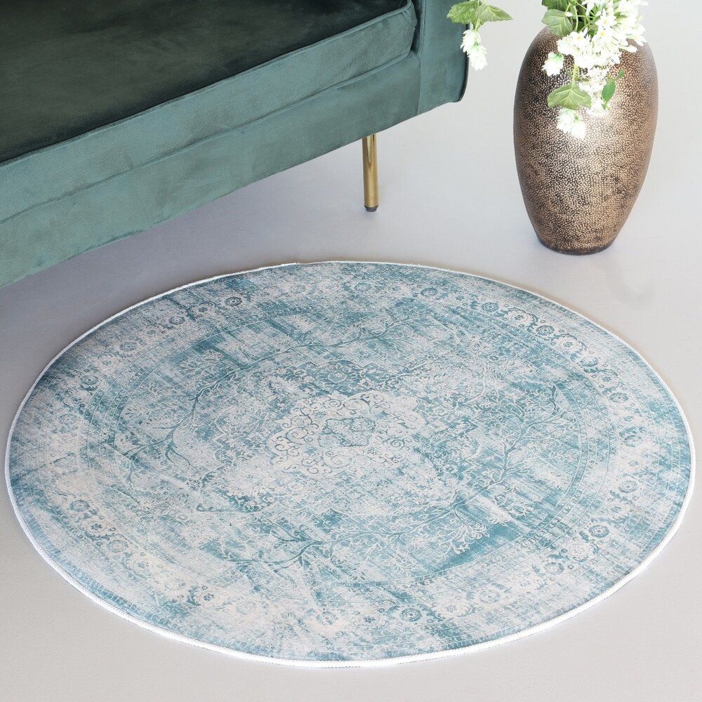 Vloerkleed rond vintage 100cm wit donkerblauw perzisch oosters tapijt