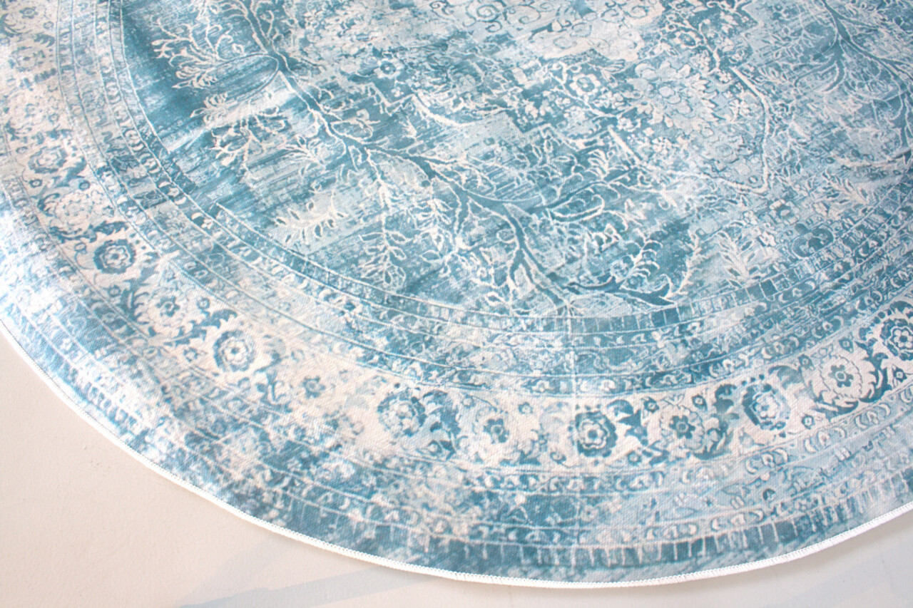 Vloerkleed rond vintage 100cm wit donkerblauw perzisch oosters tapijt