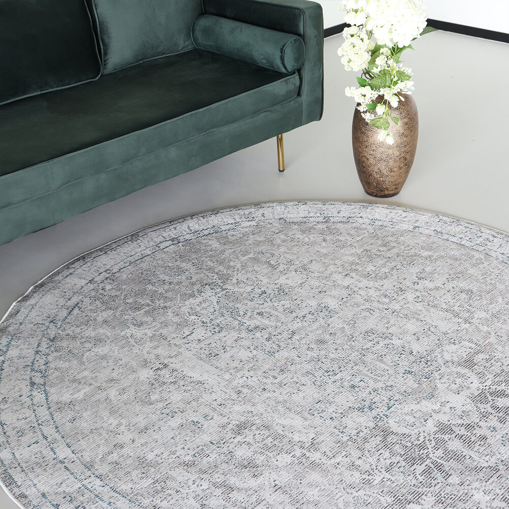 Vloerkleed rond vintage 180cm wit dof blauw perzisch oosters tapijt Vloerkleed rond vintage 180cm wit dof blauw perzisch oosters tapijt