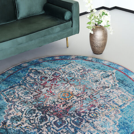 Lizzely Garden & Living Vloerkleed rond vintage 180cm wit lichtblauw perzisch oosters tapijt