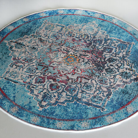 Lizzely Garden & Living Vloerkleed rond vintage 180cm wit lichtblauw perzisch oosters tapijt