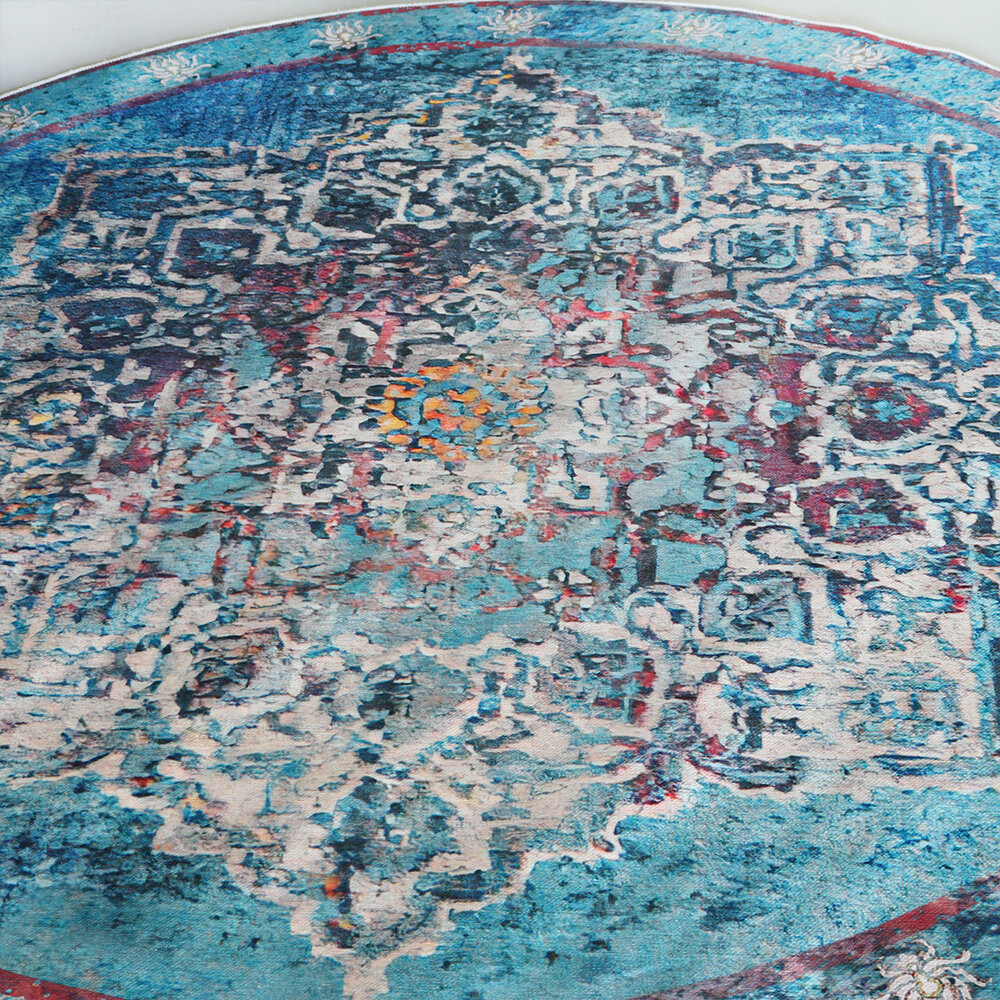 Vloerkleed rond vintage 180cm wit lichtblauw perzisch oosters tapijt