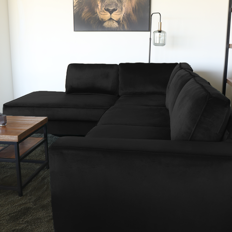 Lizzely Garden & Living Hoekbank design Puckerto 290cm bank velvet zwart hoek loungebank links bankstel