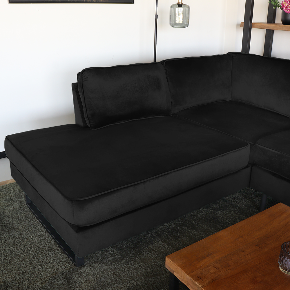 Hoekbank design Puckerto 290cm bank velvet zwart hoek loungebank links bankstel