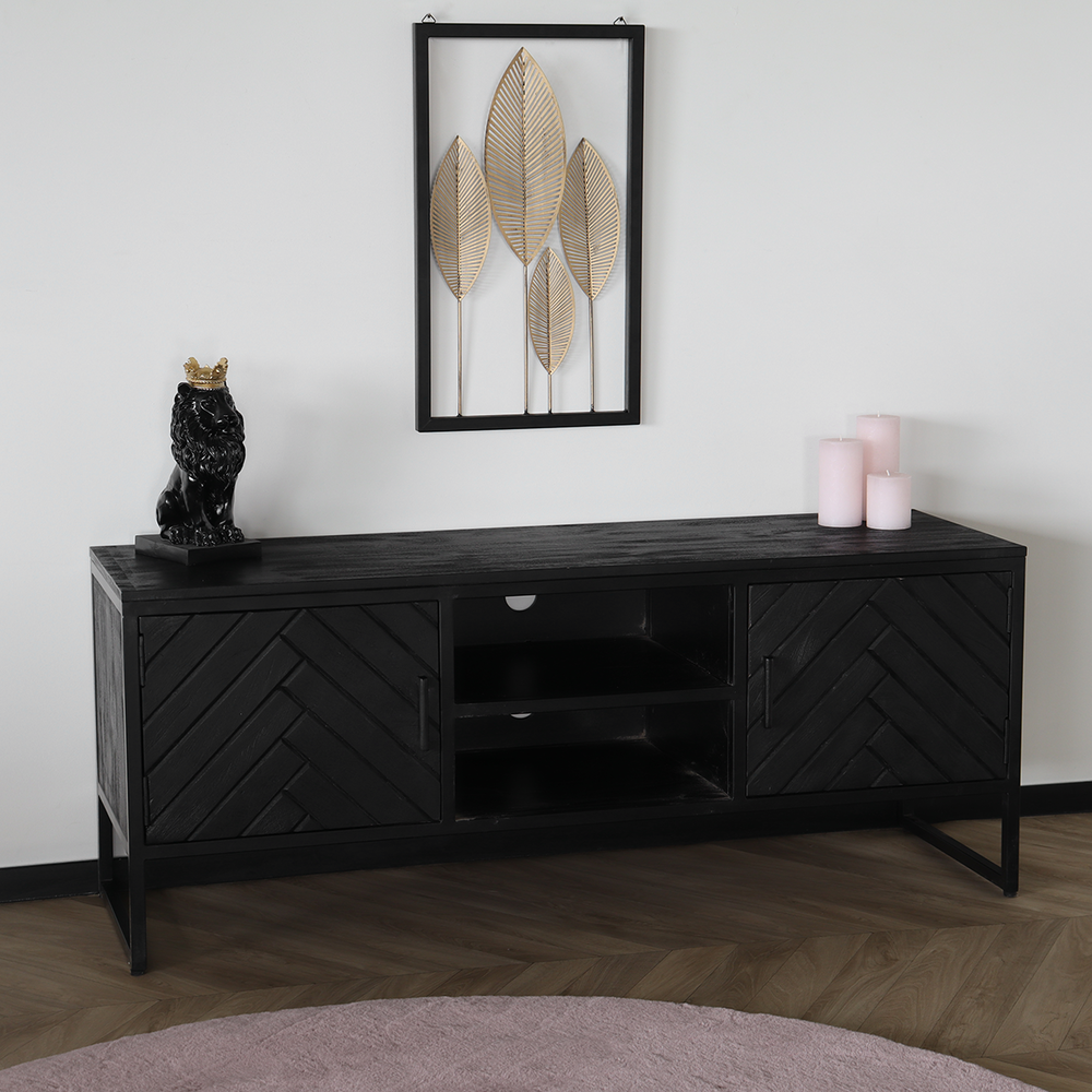 TV meubel industrieel Liv zwart visgraat mangohout 130cm lengte visgraat mango