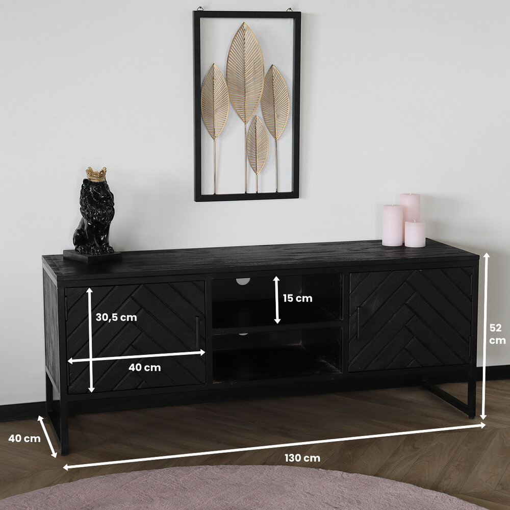 TV meubel industrieel Liv zwart visgraat mangohout 130cm lengte visgraat mango