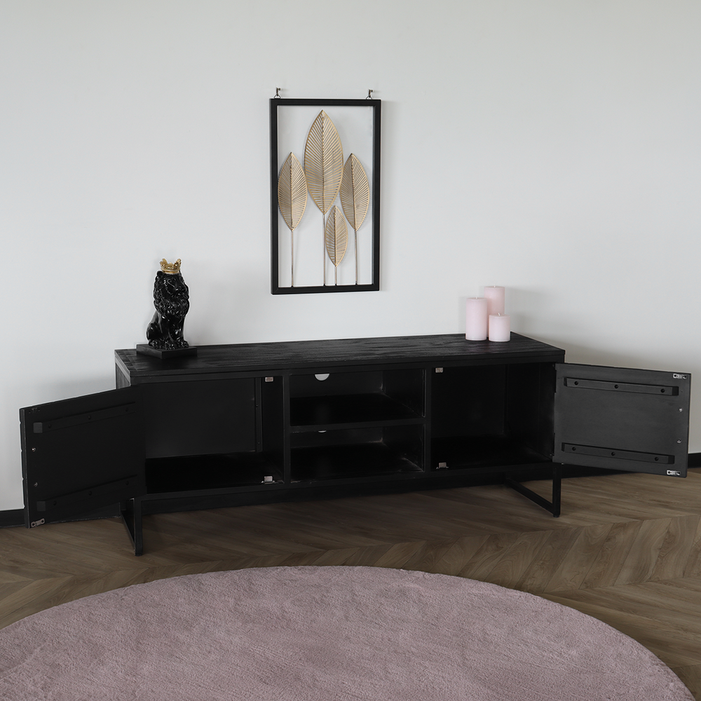 TV meubel industrieel Liv zwart visgraat mangohout 130cm lengte visgraat mango