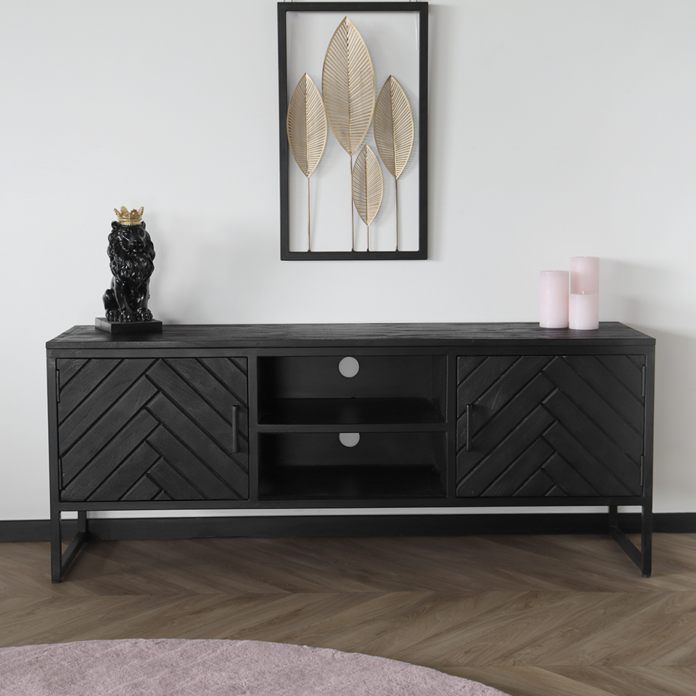 TV meubel industrieel Liv zwart visgraat mangohout 130cm lengte visgraat mango