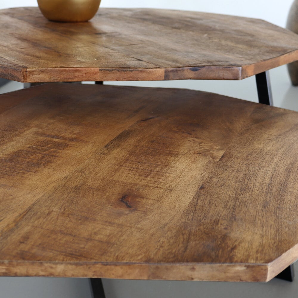 Salontafel 2delig mangohout hexagon Loes industrieel massief hout mango Salontafel 2delig mangohout hexagon Loes industrieel massief hout mango