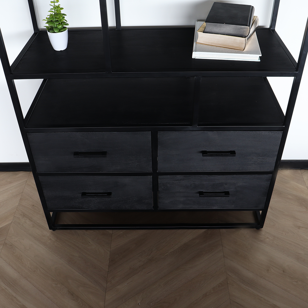 Kast zwart industrieel Milo mangohout 180cm hoog vakkenkast wandkast