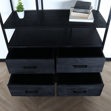 Lizzely Garden & Living Kast zwart industrieel Milo mangohout 180cm hoog vakkenkast wandkast