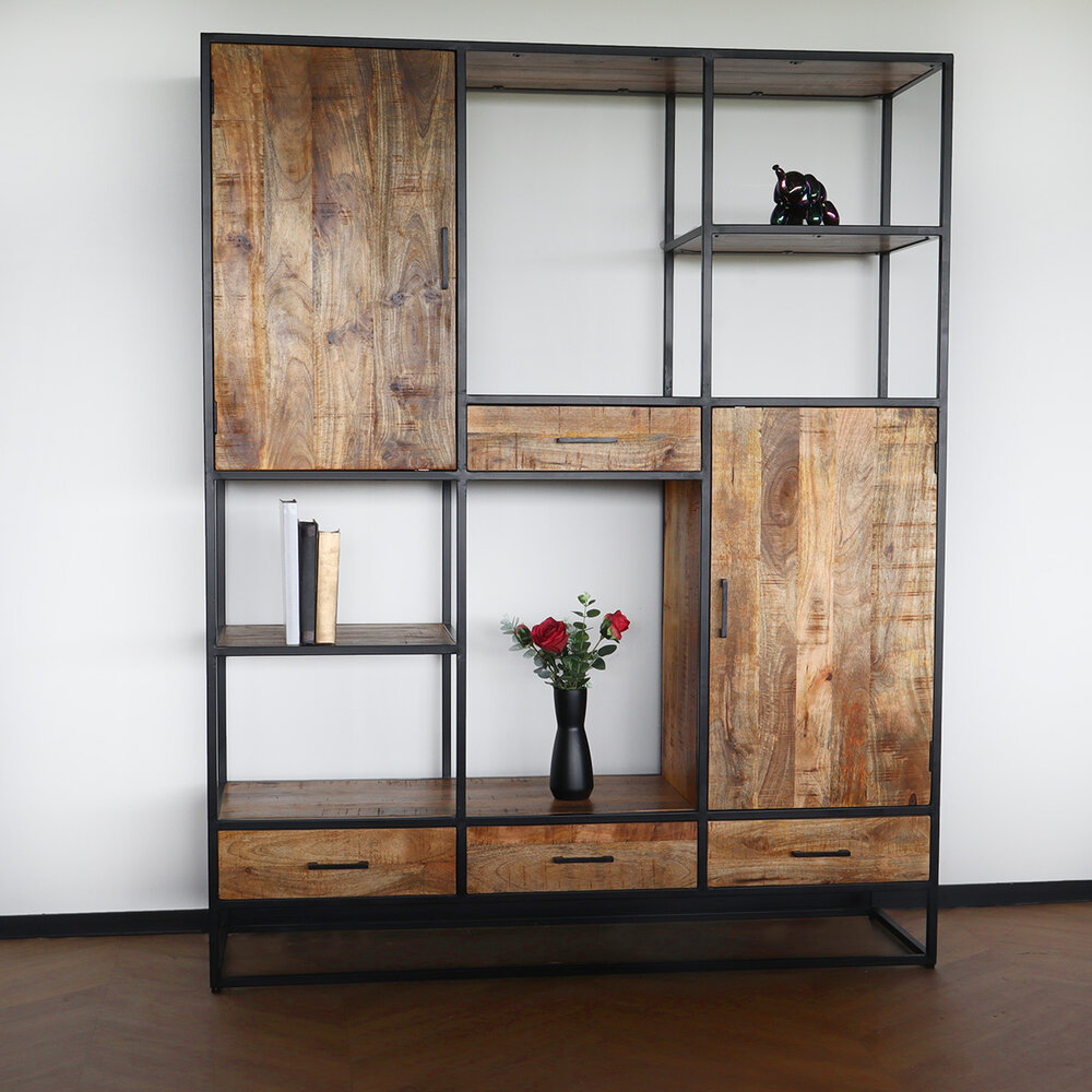 Kast bruin industrieel Dani mangohout 200cm hoog vakkenkast wandkast Kast bruin industrieel Dani mangohout 200cm hoog vakkenkast wandkast