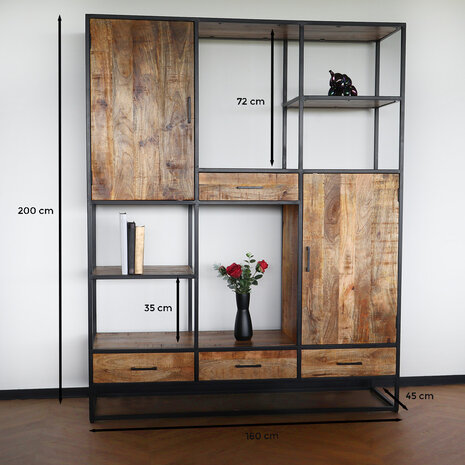 Lizzely Garden & Living Kast bruin industrieel Dani mangohout 200cm hoog vakkenkast wandkast Lizzely Garden & Living Kast bruin industrieel Dani mangohout 200cm hoog vakkenkast wandkast