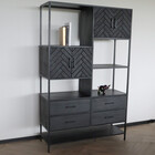 Kast zwart industrieel Ivy mangohout visgraat 190cm hoog vakkenkast wandkast