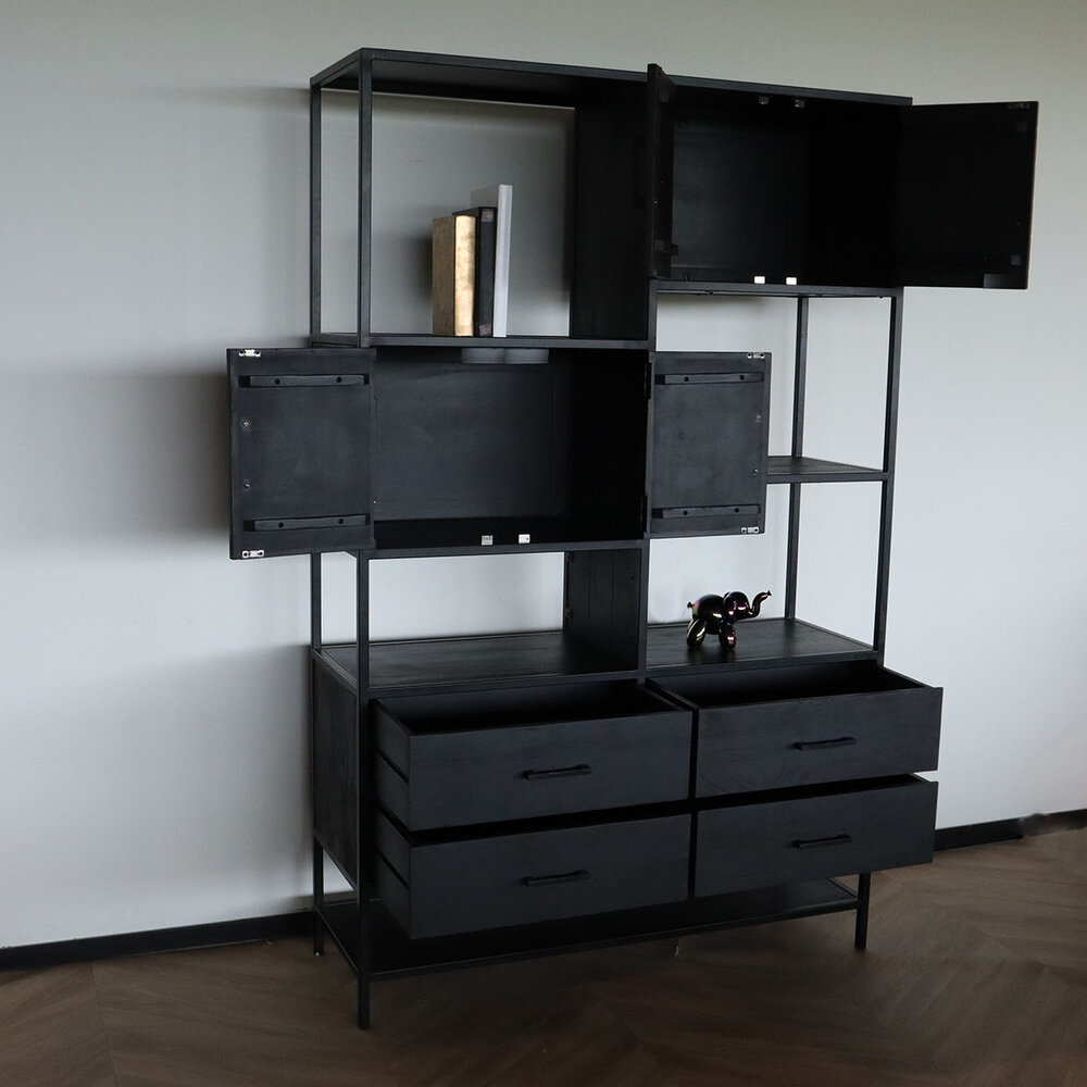 Kast zwart industrieel Ivy mangohout visgraat 190cm hoog vakkenkast wandkast Kast zwart industrieel Ivy mangohout visgraat 190cm hoog vakkenkast wandkast