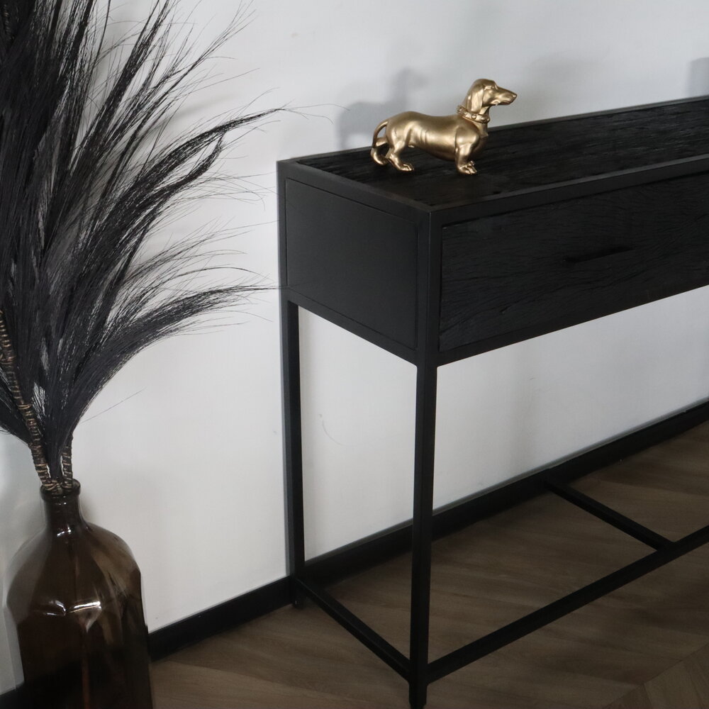 Bijzettafel mangohout Lucky 120cm met twee lades zwart industrieel side table