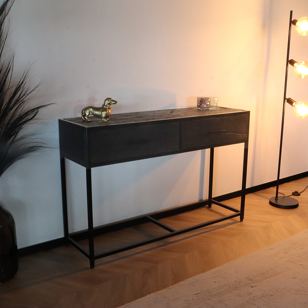 Bijzettafel mangohout Lucky 120cm met twee lades zwart industrieel side table