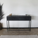 Lizzely Garden & Living Bijzettafel mangohout Lucky 120cm met twee lades zwart industrieel side table Lizzely Garden & Living Bijzettafel mangohout Lucky 120cm met twee lades zwart industrieel side table
