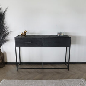 Lizzely Garden & Living Bijzettafel mangohout Lucky 120cm met twee lades zwart industrieel side table Lizzely Garden & Living Bijzettafel mangohout Lucky 120cm met twee lades zwart industrieel side table