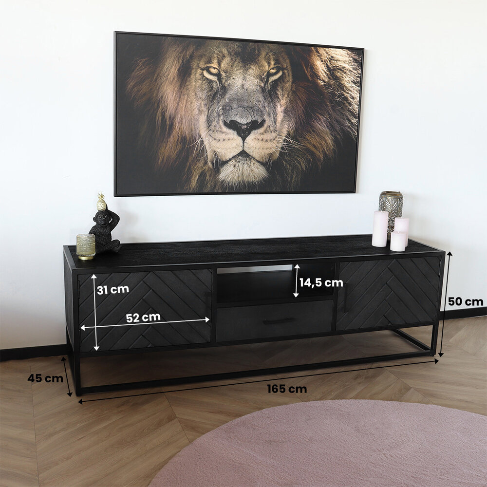 Tweedekans model: TV meubel industrieel Danae zwart visgraat duurzaam mangohout 165cm lengte mango Tweedekans model: TV meubel industrieel Danae zwart visgraat duurzaam mangohout 165cm lengte mango