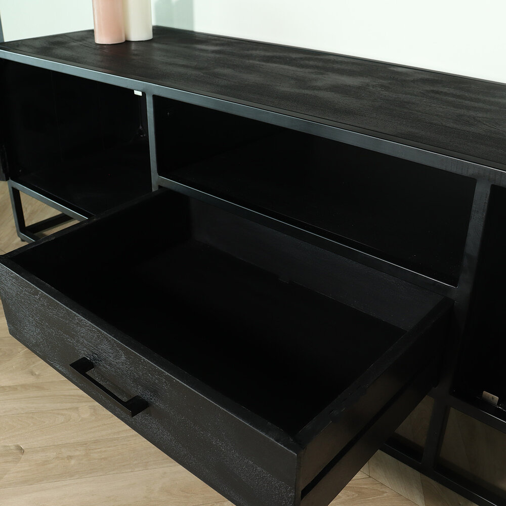 TV meubel industrieel Danae zwart visgraat duurzaam mangohout 180cm lengte mango TV meubel industrieel Danae zwart visgraat duurzaam mangohout 180cm lengte mango