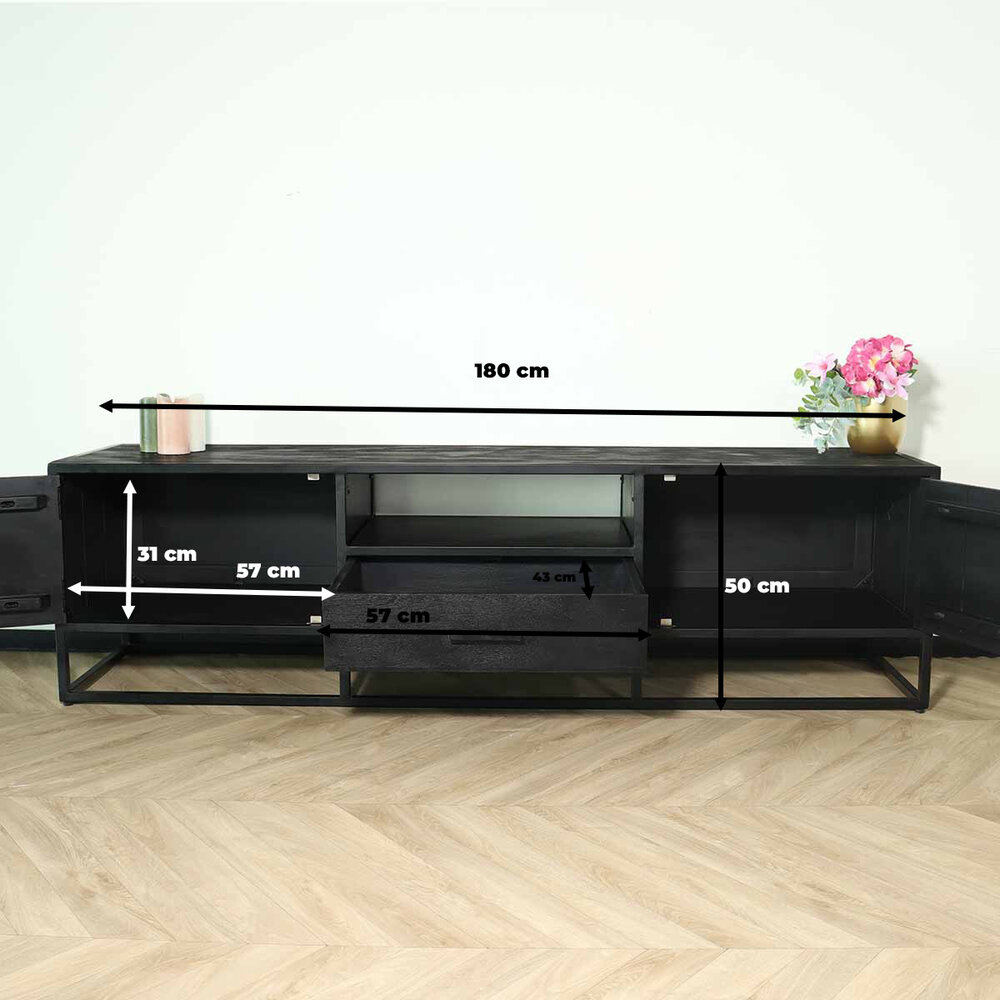 TV meubel industrieel Danae zwart visgraat duurzaam mangohout 180cm lengte mango TV meubel industrieel Danae zwart visgraat duurzaam mangohout 180cm lengte mango