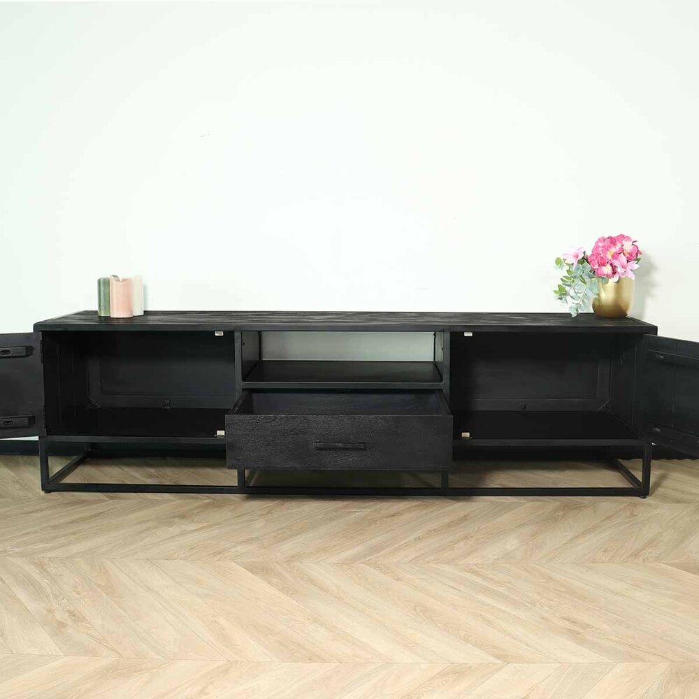 TV meubel industrieel Danae zwart visgraat duurzaam mangohout 180cm lengte mango TV meubel industrieel Danae zwart visgraat duurzaam mangohout 180cm lengte mango
