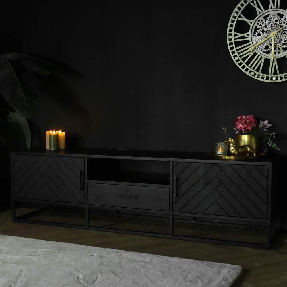 TV meubel industrieel Danae zwart visgraat duurzaam mangohout 180cm lengte mango TV meubel industrieel Danae zwart visgraat duurzaam mangohout 180cm lengte mango