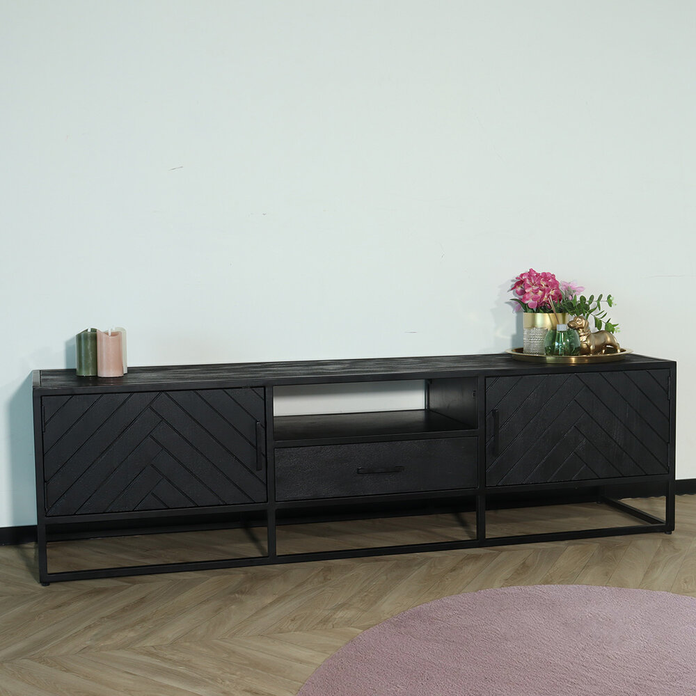 TV meubel industrieel Danae zwart visgraat duurzaam mangohout 180cm lengte mango TV meubel industrieel Danae zwart visgraat duurzaam mangohout 180cm lengte mango