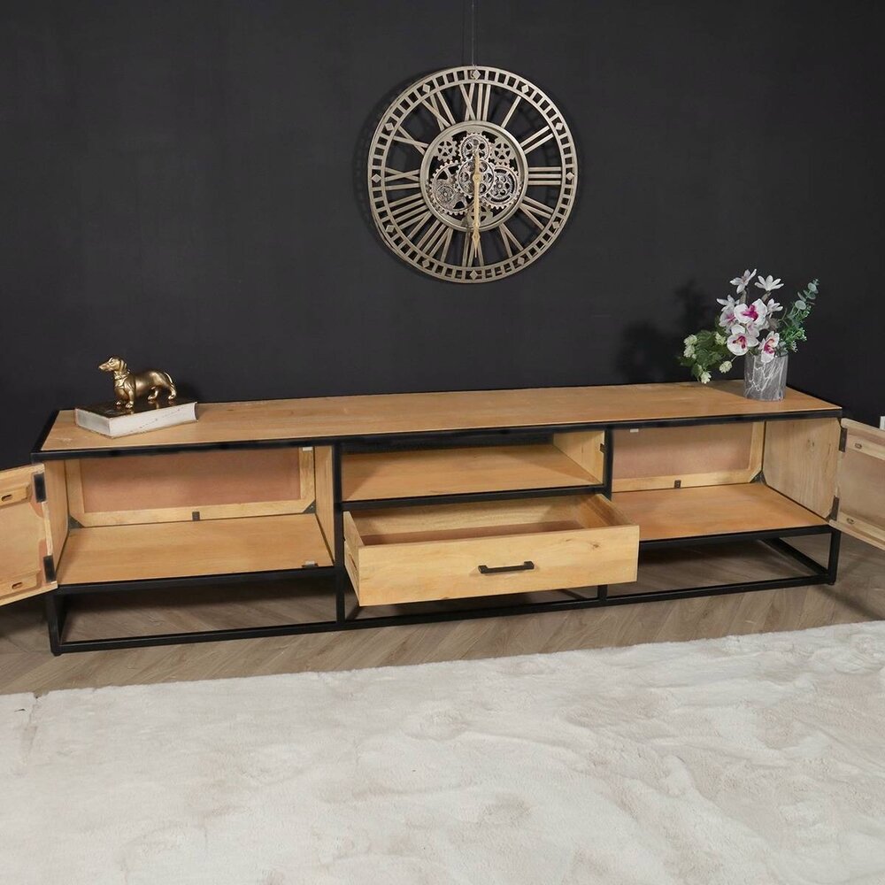 TV meubel industrieel mangohout Danae lichtbruin visgraat 210cm tv kast duurzaam mango massief hout tv-meubel TV meubel industrieel mangohout Danae lichtbruin visgraat 210cm tv kast duurzaam mango massief hout tv-meubel