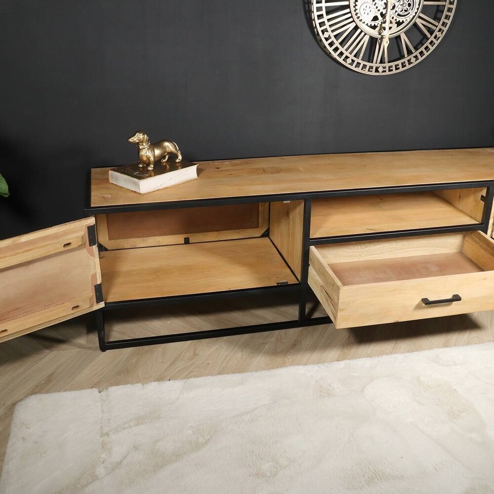 TV meubel industrieel mangohout Danae lichtbruin visgraat 210cm tv kast duurzaam mango massief hout tv-meubel TV meubel industrieel mangohout Danae lichtbruin visgraat 210cm tv kast duurzaam mango massief hout tv-meubel