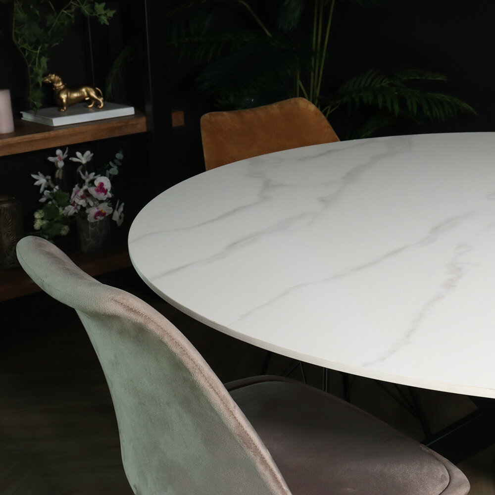 Eettafel rond 130cm Jenna marmerlook wit ronde tafel Eettafel rond 130cm Jenna marmerlook wit ronde tafel