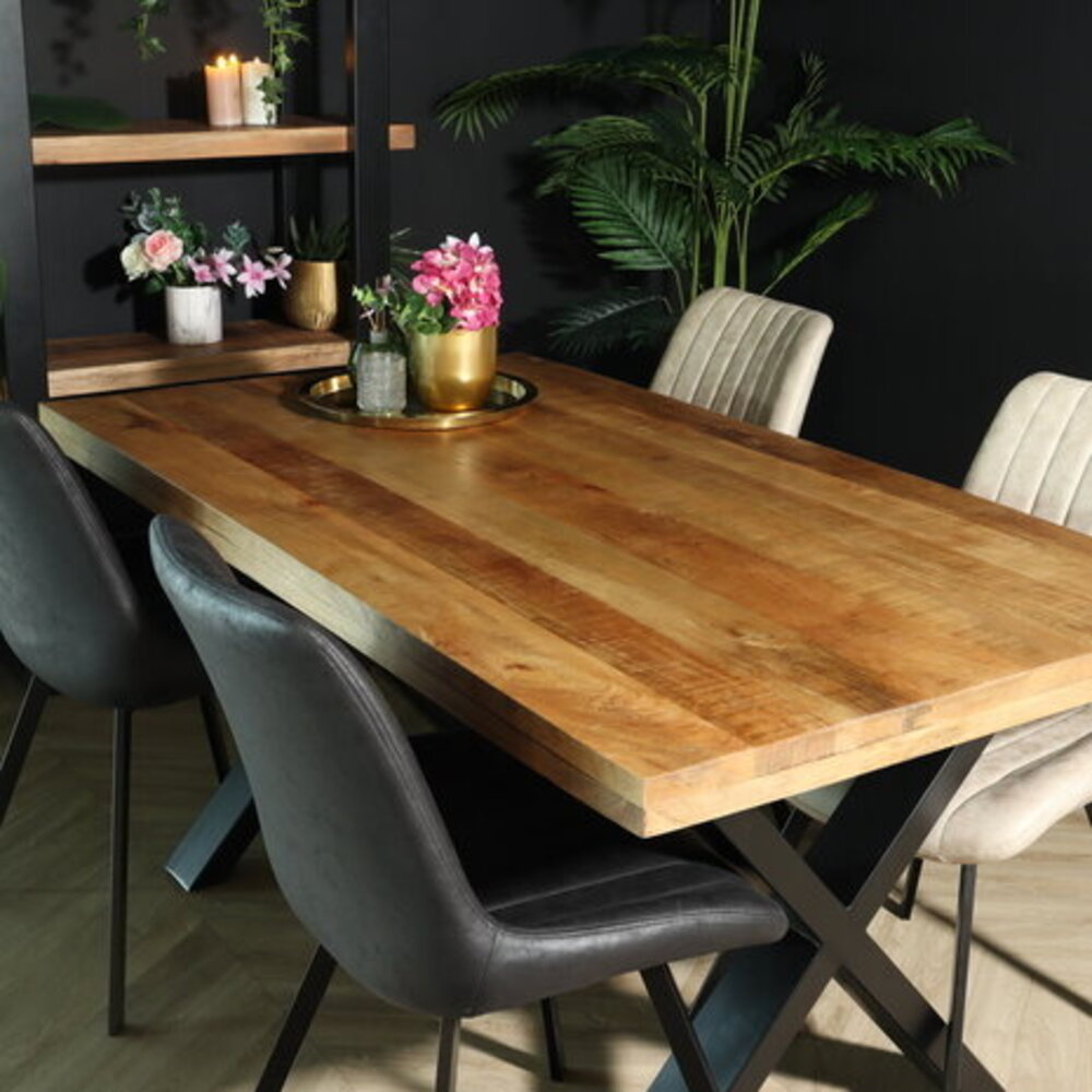 Eettafel rechthoekig mangohout Xavier lichtbruin 160cm duurzaam tafel met X-poot mango langwerpige eetkamertafel hout