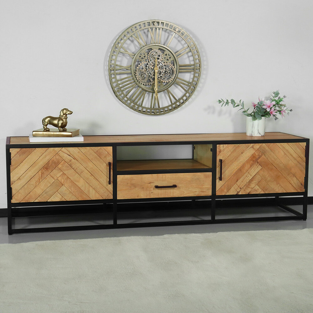 TV meubel industrieel mangohout Danae lichtbruin visgraat 180cm tv kast duurzaam mango massief hout tv-meubel TV meubel industrieel mangohout Danae lichtbruin visgraat 180cm tv kast duurzaam mango massief hout tv-meubel
