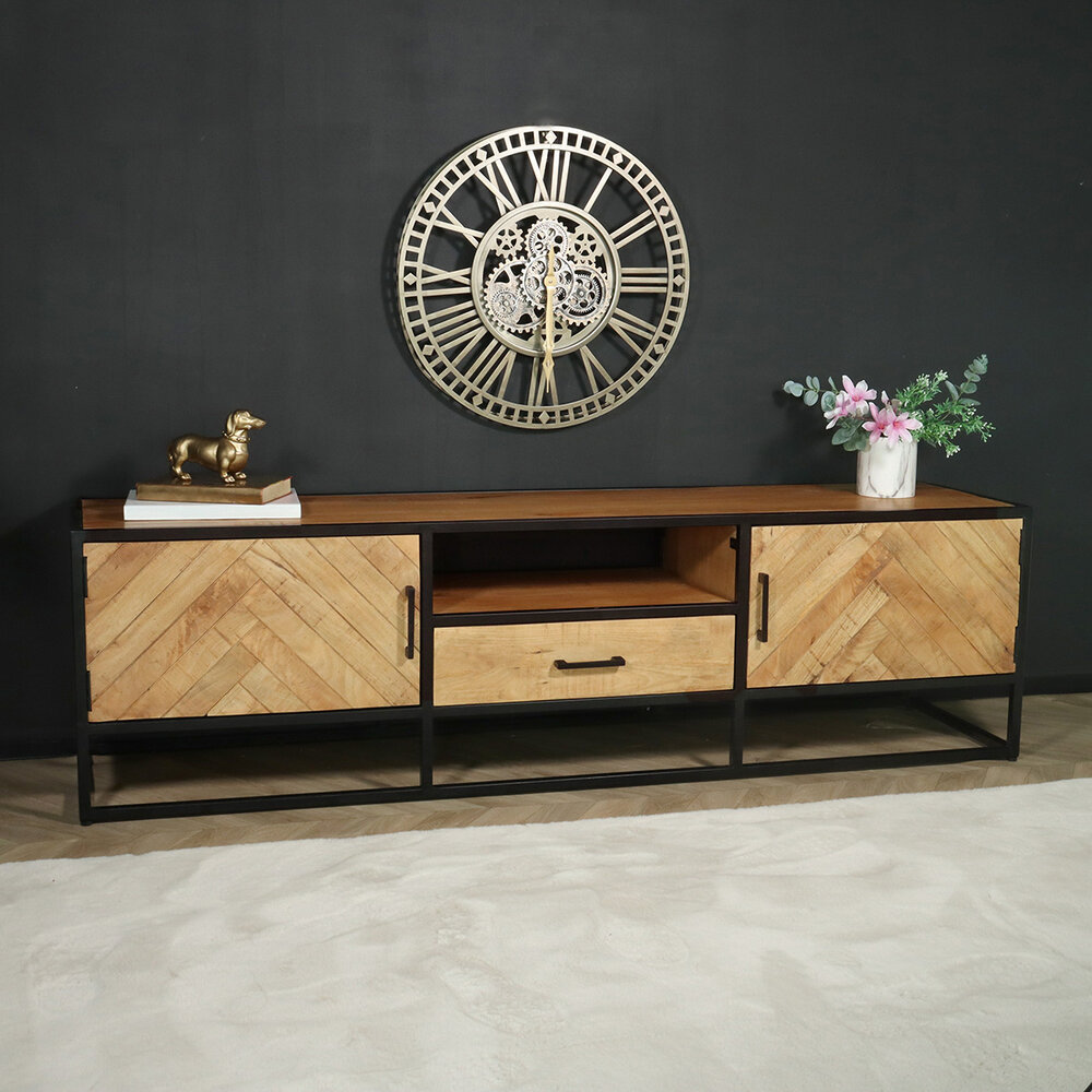 TV meubel industrieel mangohout Danae lichtbruin visgraat 180cm tv kast duurzaam mango massief hout tv-meubel TV meubel industrieel mangohout Danae lichtbruin visgraat 180cm tv kast duurzaam mango massief hout tv-meubel