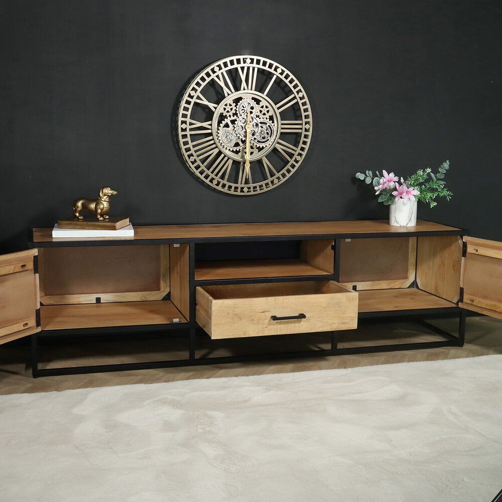 TV meubel industrieel mangohout Danae lichtbruin visgraat 180cm tv kast duurzaam mango massief hout tv-meubel TV meubel industrieel mangohout Danae lichtbruin visgraat 180cm tv kast duurzaam mango massief hout tv-meubel