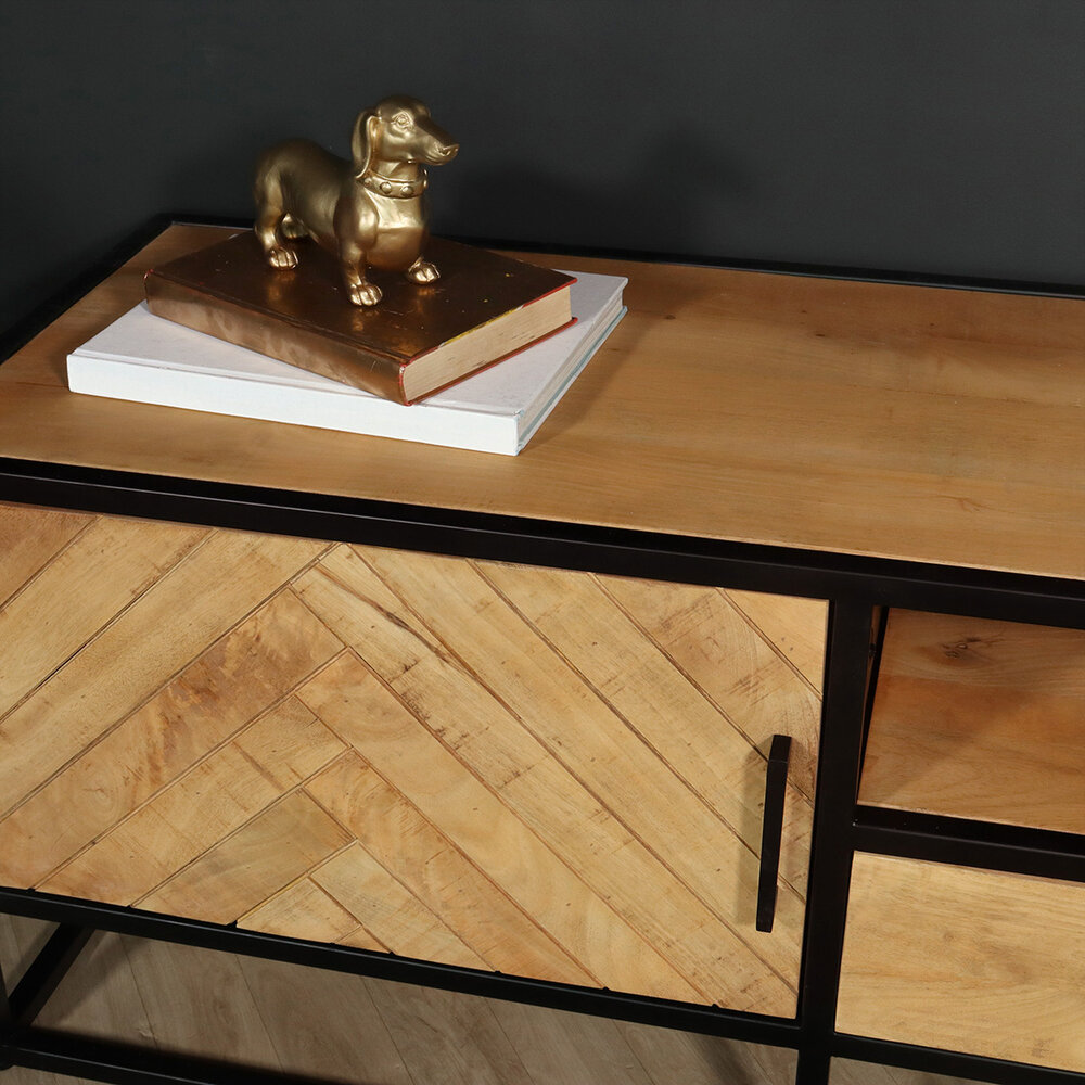 TV meubel industrieel mangohout Danae lichtbruin visgraat 180cm tv kast duurzaam mango massief hout tv-meubel TV meubel industrieel mangohout Danae lichtbruin visgraat 180cm tv kast duurzaam mango massief hout tv-meubel