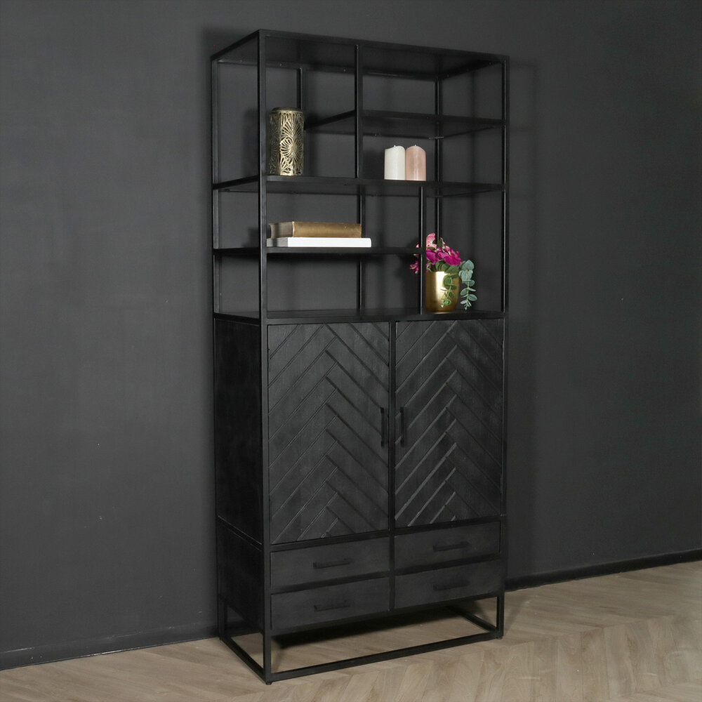 Kast industrieel mangohout London zwart mango hout visgraat wandkast 200cm vakkenkast Kast industrieel mangohout London zwart mango hout visgraat wandkast 200cm vakkenkast
