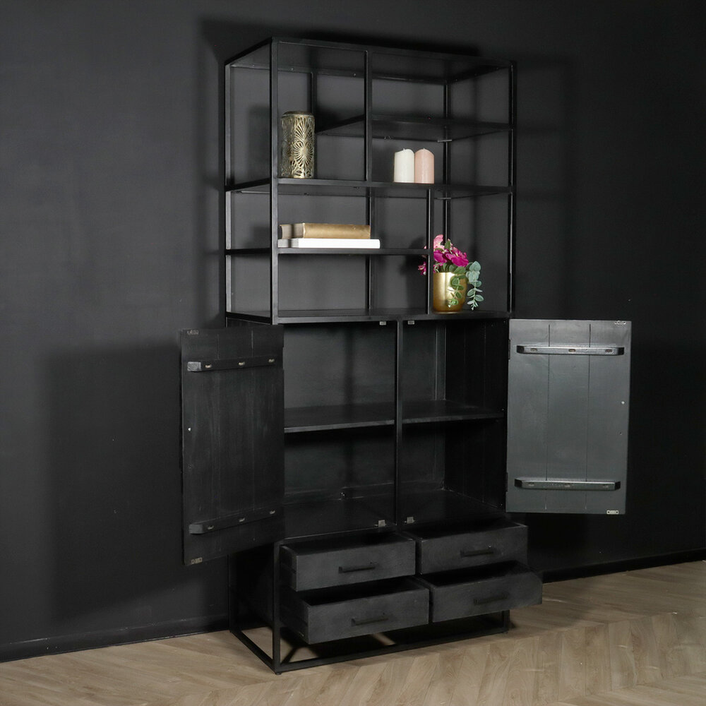 Kast industrieel mangohout London zwart mango hout visgraat wandkast 200cm vakkenkast Kast industrieel mangohout London zwart mango hout visgraat wandkast 200cm vakkenkast