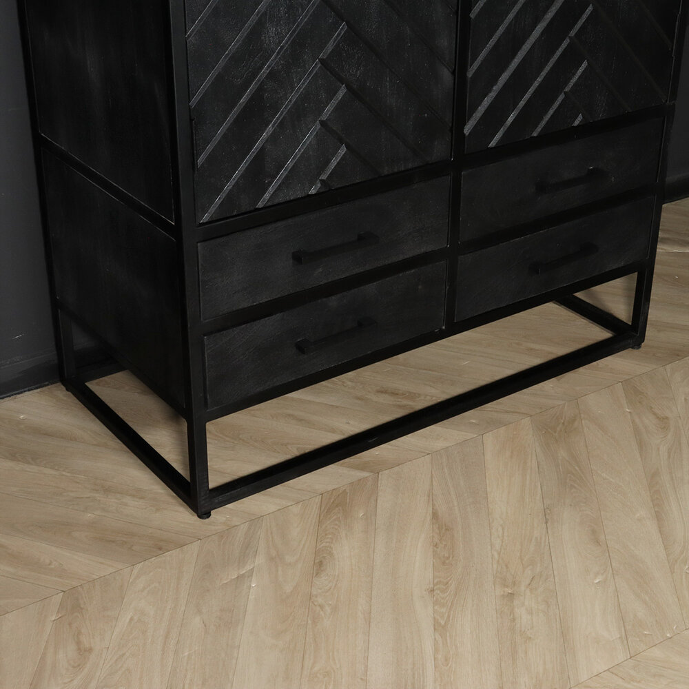 Kast industrieel mangohout London zwart mango hout visgraat wandkast 200cm vakkenkast Kast industrieel mangohout London zwart mango hout visgraat wandkast 200cm vakkenkast