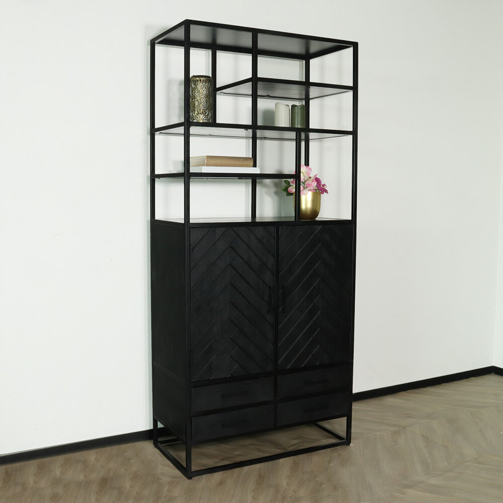 Kast industrieel mangohout London zwart mango hout visgraat wandkast 200cm vakkenkast Kast industrieel mangohout London zwart mango hout visgraat wandkast 200cm vakkenkast