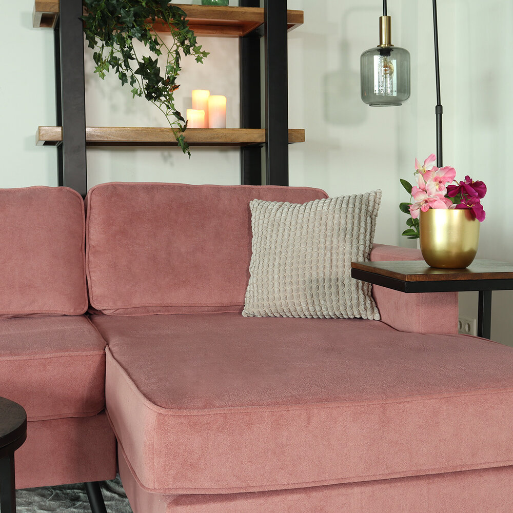 Hoekbank design Lizza 269cm bank roze velvet loungebank zowel links als rechts bankstel