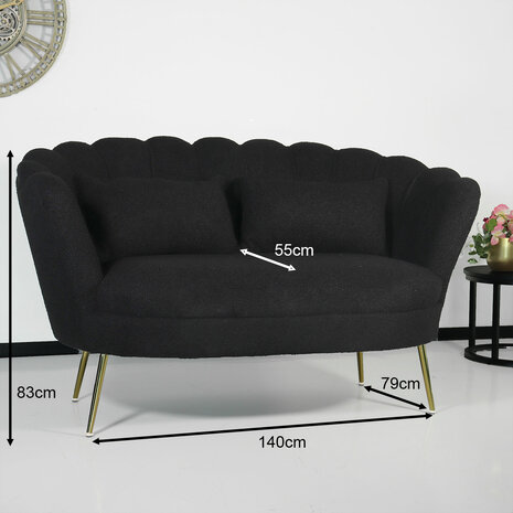 Lizzely Garden & Living Zitbank Belle 2 zits teddy zwart bankstel 140cm stof incl. 2 kussens bank