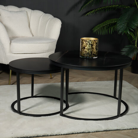 Lizzely Garden & Living Salontafel rond 2delig marmerlook Bero zwart side table steen bijzettafel Lizzely Garden & Living Salontafel rond 2delig marmerlook Bero zwart side table steen bijzettafel