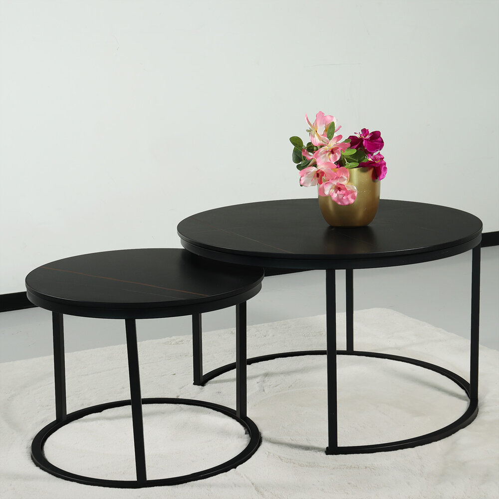 Salontafel rond 2delig marmerlook Bero zwart side table steen bijzettafel Salontafel rond 2delig marmerlook Bero zwart side table steen bijzettafel